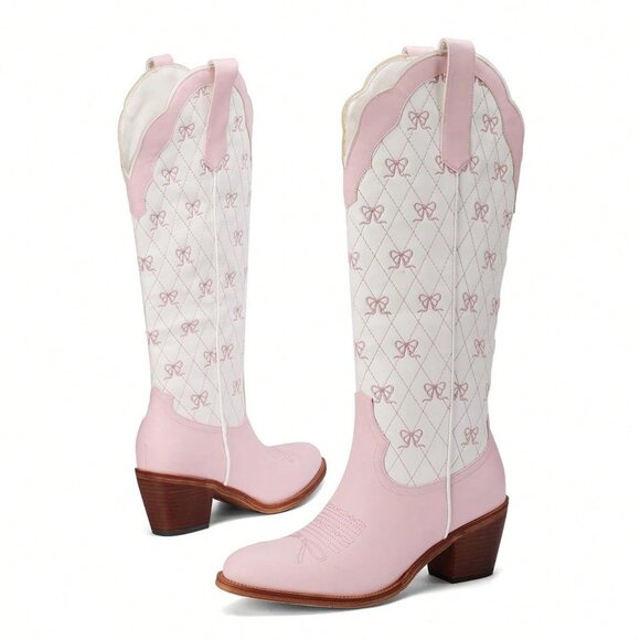 Baby Pink Elegant Women's Knee High Cowboy Boots with Embroidery - Picture 4 of 5